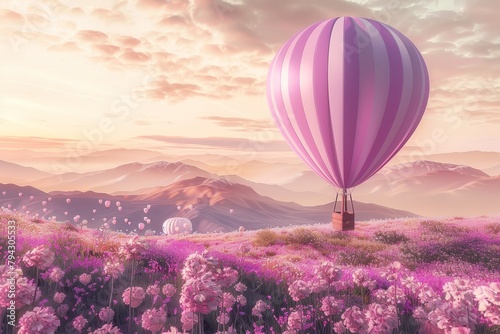 A colorful hot air balloon is flying over a field of flowers