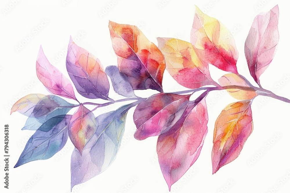 A watercolor painting of a branch with purple, pink, red, orange and yellow leaves.