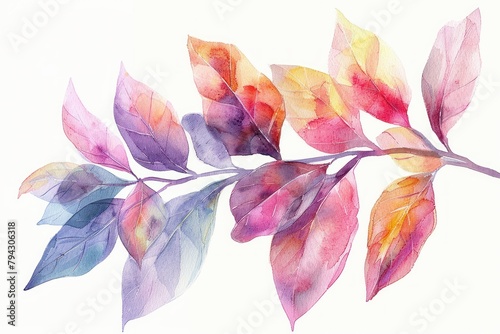 A watercolor painting of a branch with purple  pink  red  orange and yellow leaves.