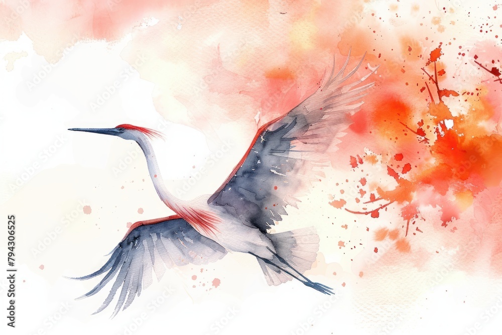 Obraz premium A watercolor painting of a flying crane with outstretched wings against a backdrop of red and orange splashes.