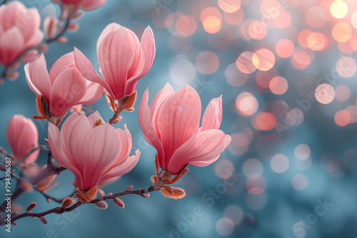 blooming magnolia tree in spring  background blur