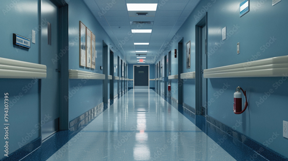 A long hallway with a red fire extinguisher on the wall A long hallway with a red fire extinguisher on the wall