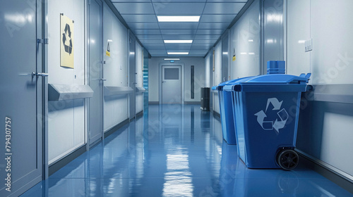 A blue trash can is in a hallway with a sign that says recycle