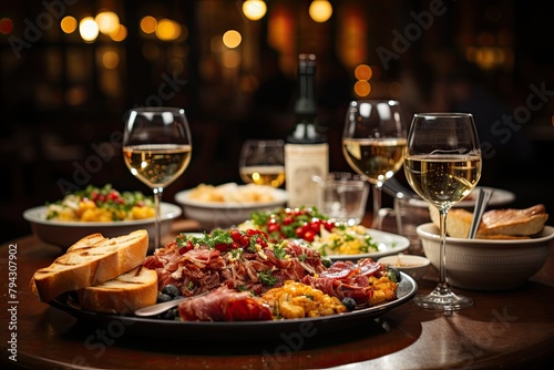 Spanish tapas in a busy bar joy, food and wine., generative IA © JONATAS