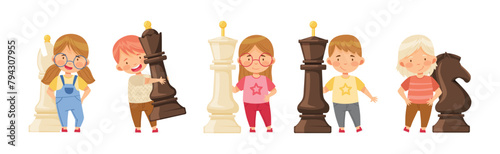 Children Playing Chess Game with Pieces Vector Set