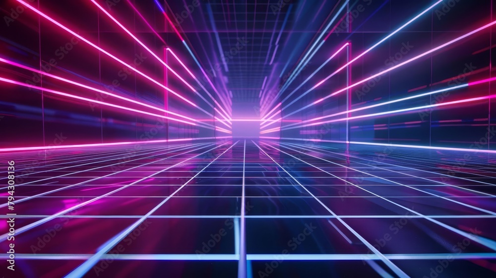 neon cyan blue and purple grid lines on perspective floor cyberpunk virtual reality abstract background digital art neon cyan blue and purple grid lines on perspective floor cyberpunk virtual reality abstract background digital art