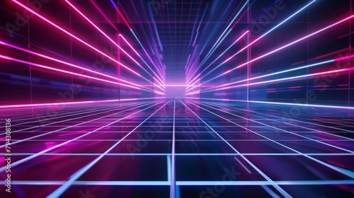 neon cyan blue and purple grid lines on perspective floor cyberpunk virtual reality abstract background digital art