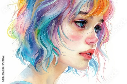 A watercolor painting of a young woman with rainbow hair