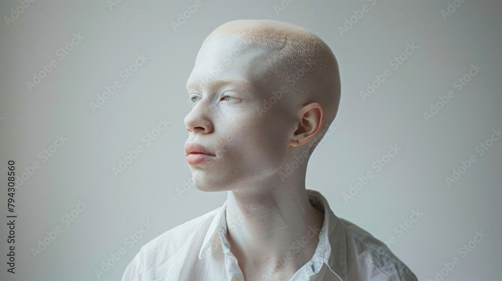 Albino man with a calm expression on a light background