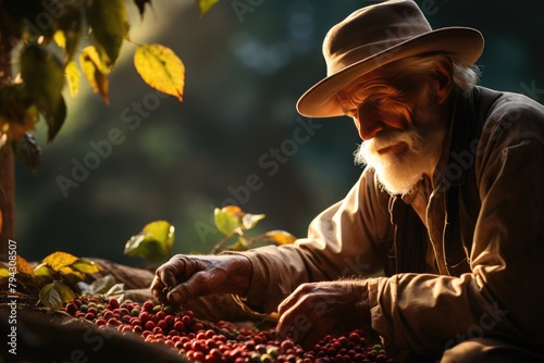 Farmer reaps coffee beans under the sun., generative IA photo