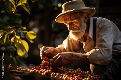Farmer reaps coffee beans under the sun., generative IA photo
