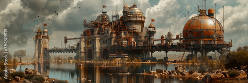 fortress, castle, old town, construction, vintage background, products, enginer, generative, ai, steampunk, clock background, machine, mechanical, blue, gold, gear, clock, watch, mechanism