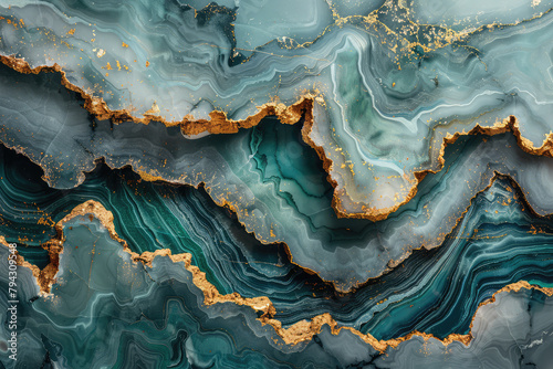 A digital art piece featuring an abstract background with swirling patterns of teal and gold, resembling flowing watercolors on marble or agate stone surface. Created with Ai