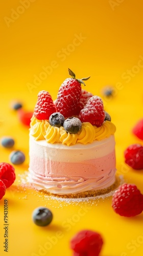 delicious cake on a yellow background.