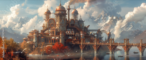 fortress, castle, old town, construction, vintage background, products, enginer, generative, ai, steampunk, clock background, machine, mechanical, blue, gold, gear, clock, watch, mechanism