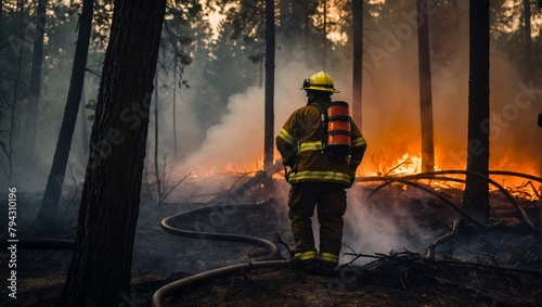 fireman extinguishes fire in the forest