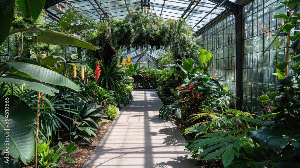 A greenhouse filled with plants and a long walkway