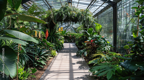 A greenhouse filled with plants and a long walkway