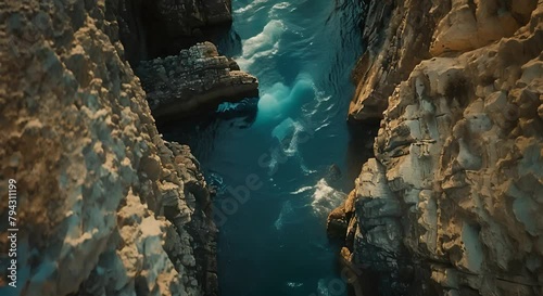 Cinematic drone footage of a majestic canyon, with sheer cliffs and rugged rock formations carved by millennia of erosion.  photo