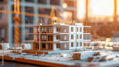 A model of a building is on a table with a construction site in the background