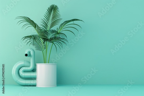 A pot with a plant in it sits on a colorful wall