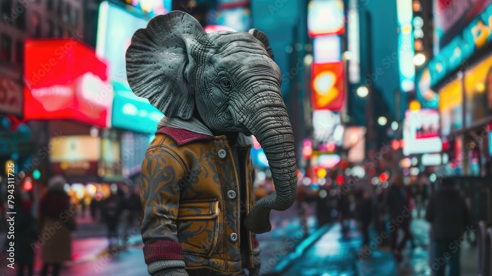 elephant donning a trendy jacket, towering over the bustling streets against the backdrop of a charming city night view. elephant donning a trendy jacket, towering over the bustling streets against the backdrop of a charming city night view.