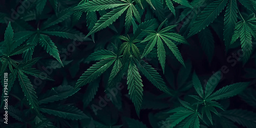 Cannabis farm leaf close-up. Marijuana plant background.