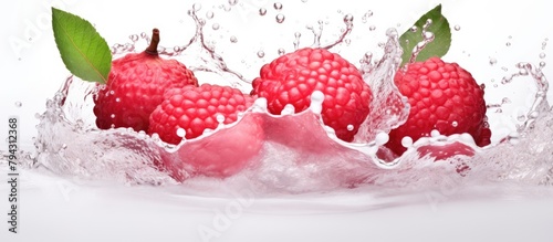 Raspberries dropping into water, creating a refreshing splash