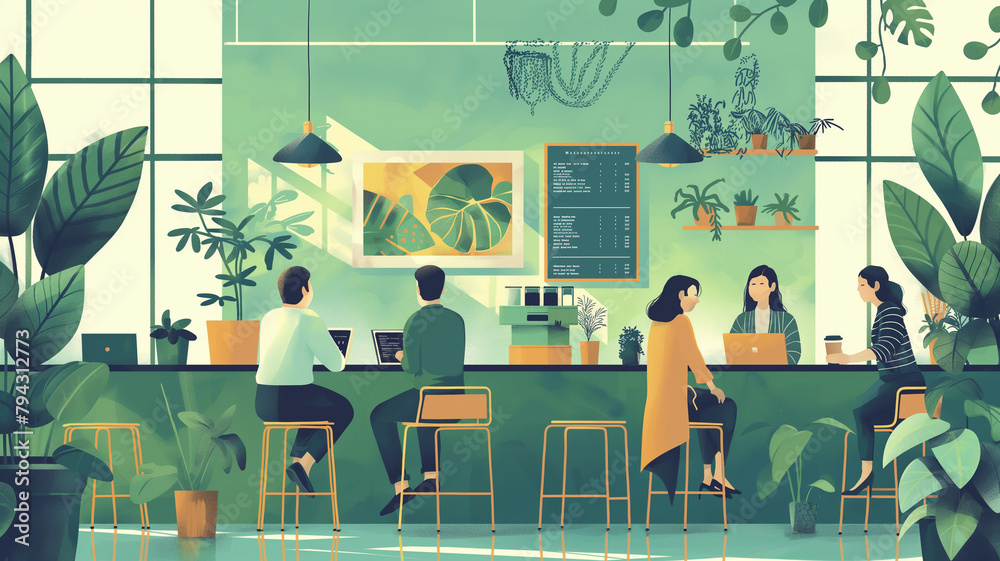 A group of people are sitting at a bar with potted plants in the background - obrazy, fototapety, plakaty 