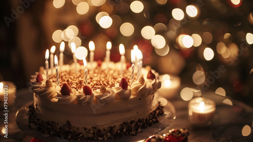 Captivating close-up of a birthday cake with candles  surrounded by twinkling bokeh lights  creating an enchanting atmosphere. 32K.
