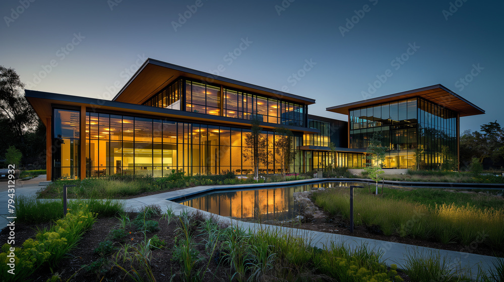 A large building with a glass facade and a large pond in front of it