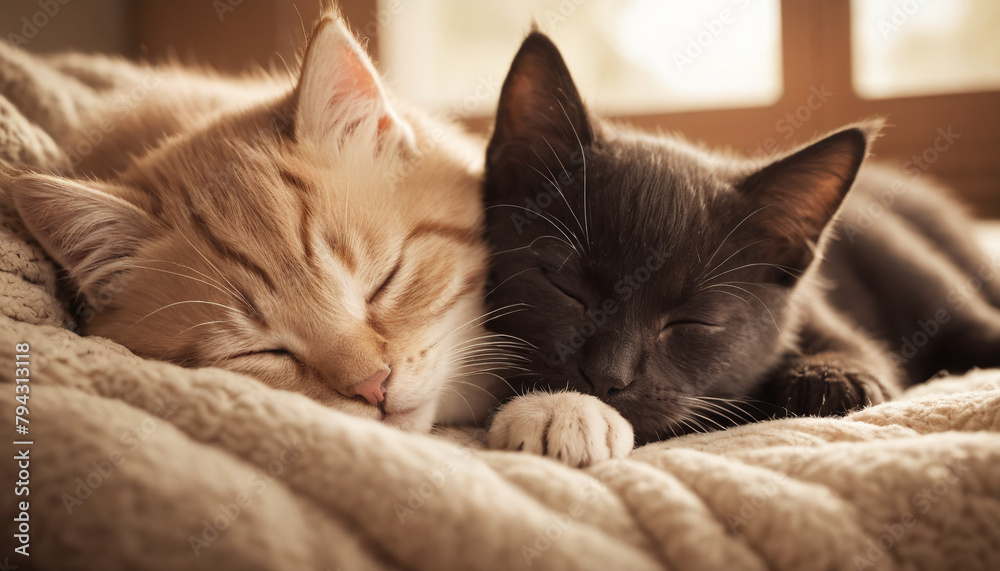 Two kittens sleeping snuggled up comfortably