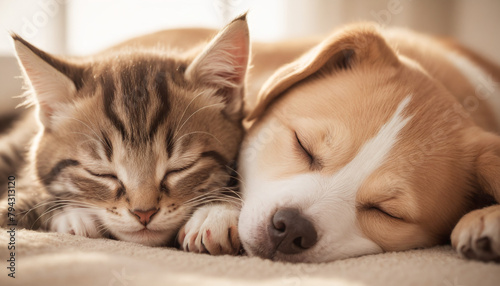 Sleepy Puppy and Kitten Sharing a Cuddle