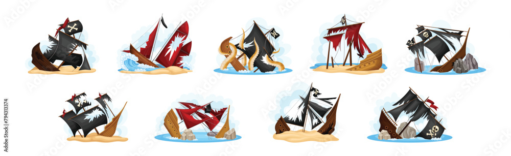 Pirate Shipwreck with Wooden Deck and Sail Vector Set