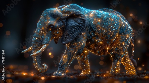   An elephant stands in the night, trunk encircling head, aglow with surrounding lights