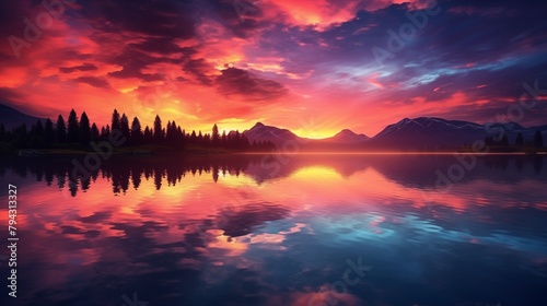 An image of a vibrant sunset over a serene lake  with colorful reflections shimmering on the water.