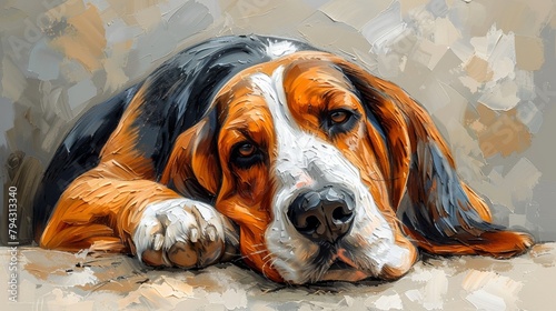 This sticker is a graphic hand-drawn sketch of a portrait of a Basset Hound dog breed on the wall. photo