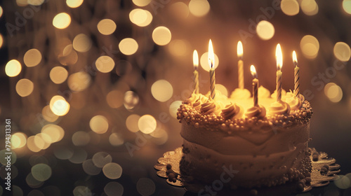 Captivating image of a birthday cake illuminated by candles, enveloped in a soft glow, amidst a sea of twinkling bokeh lights. 32K.