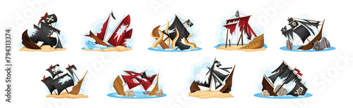 Pirate Shipwreck with Wooden Deck and Sail Vector Set