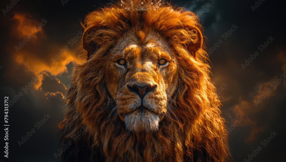 A majestic lion with fiery mane, standing tall against the night sky. Created with Ai