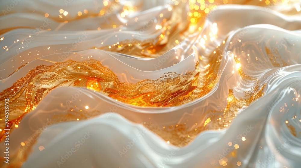 A tight shot of a wavy background, composed of white and gold hues, featuring scattered gold flecks A tight shot of a wavy background, composed of white and gold hues, featuring scattered gold flecks
