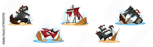 Pirate Shipwreck with Wooden Deck and Sail Vector Set