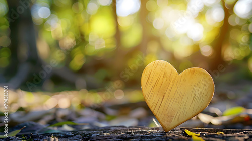 Orange heart on wooden table with sunset background. Valentine's day concept. Unrequited one-sided love or loneliness concept.