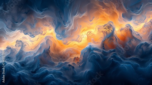  A dark blue background is accented by intertwining swirls of blue, orange, and yellow, culminating in a radiant yellow center photo