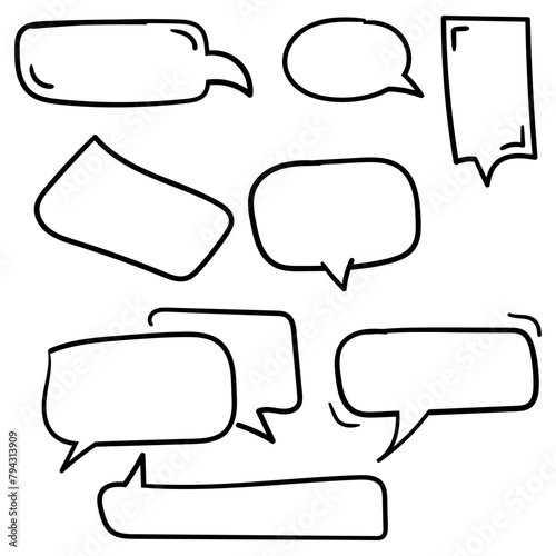Vector set of hand drawn speech bubbles. Doodle style speaking bubbles isolated on white background.