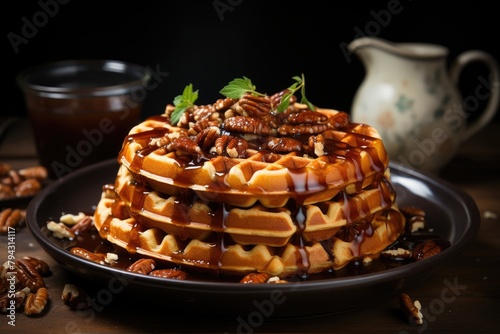 Sweet potato waffles with bourbon sauce and coffee at dawn., generative IA