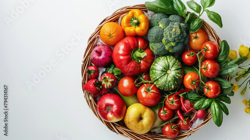 Healthy food in basket  Studio photography of different fruits and vegetables isolated on white backdrop  top view  High resolution product