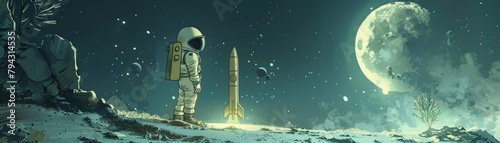A charming cartoon captures a child dressed as an astronaut  pretending to explore the moon in the backyard  complete with a cardboard rocket