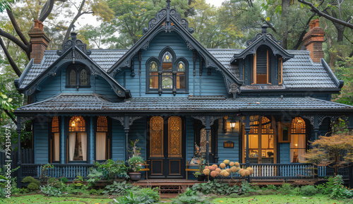  An elegant two-story, craftsman style house with black wood details and large windows. Created with Ai