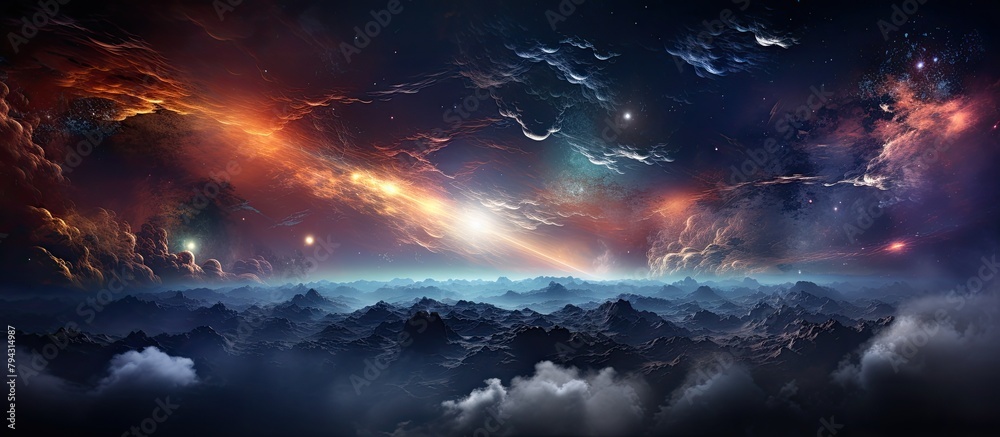 Artistic landscape with a vibrant sky, mountains, and a galaxy in the background Artistic landscape with a vibrant sky, mountains, and a galaxy in the background